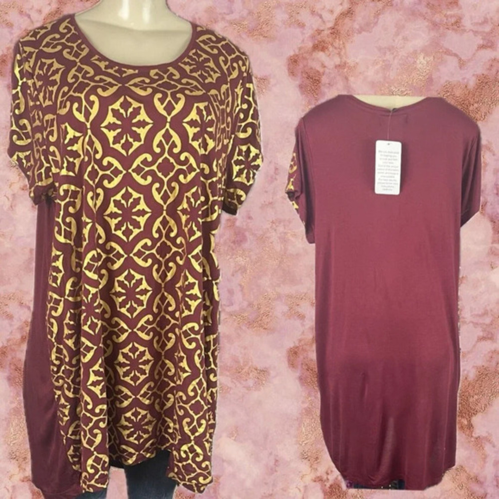 Ellos 14/16 Maroon Geometric Gold Foil Print Step-Hemline Short Sleeve Tunic Top